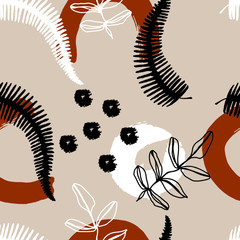 Abstract trendy seamless pattern with random different shapes  and silhouettes of tropical plants in warm earthy colors. Brown, beige, white, black. Modern textile, branding, packaging.