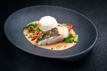 Gebratenes Fisch Filet vom Skrei Kabeljau in Thai Fisch Curry mit Jasmine Reis und Chili als closeup auf einem Modern Design Teller mit Textfreiraum