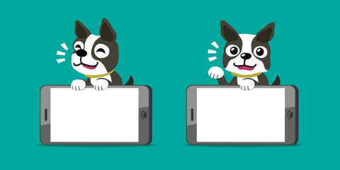 Cartoon character boston terrier dog and smartphones for design.