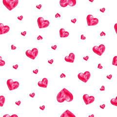 Seamless pattern with watercolor pink hearts on white background. Perfect for design Valentine's day holiday card, textile fabric print, wrapping, wallpapers, etc.  Love theme art.