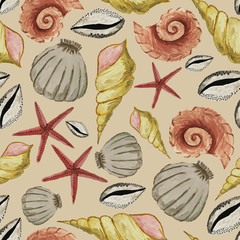 Seamless pattern with sea shells. Hands gouache illustration. Marine pattern, design for wallpaper, fabrics, textiles, packing.