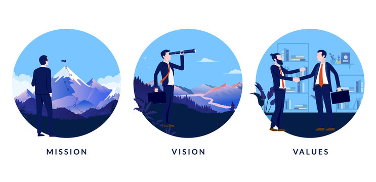 Business mission, vision and values. A set of images to use in presentation or website stating our mission, our vision and our values. Vector illustration.