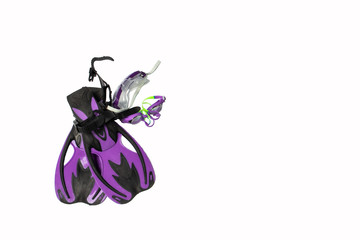 A pair of purple flippers on a white background with place for text