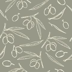 Seamless Olive pattern with branches, fruits, leaves. Outline hand drawn quartz color backdrop. 