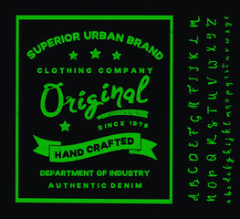 Original vintage Denim print for t-shirt or apparel. Old school vector graphic for fashion and printing.  Retro alphabet in western style , Slab Serif type letters.Handmade Vintage Font for labels