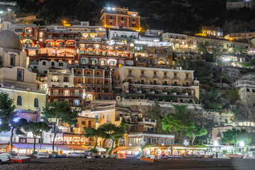 Colorful houses of Positano along Amalfi coast at night, Italy. Night landscape © k_samurkas