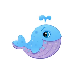 Tuinposter illustration of a cartoon sweet blue whale vector icon of a gray blue humpback whale, scuba mammal with fins tail big eyes smile, mascot eps 10 isolated funny character  © Tretana