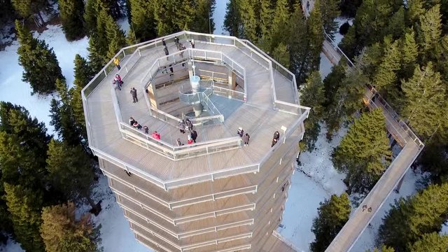 Drone flies over the Pohorje treetop path where unrecognizable people enjoy the view