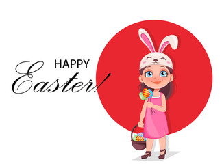 Happy Easter greeting card. Cute little girl