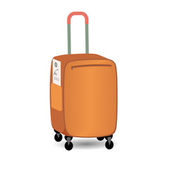 Vector illustration. Travel suitcase with ticket. Luggage is brown, brick color, voluminous, with shadow. Cute, fun image. For poster decoration, advertising, banner.