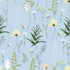 Blossom floral seamless pattern. Trendy colorful vector texture. Blooming botanical motifs scattered random. Good for fashion. Ditsy print. Hand drawn different wild meadow flowers on blue background