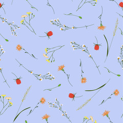 Floral seamless pattern. Trendy blossom colorful vector texture. Blooming botanical motifs scattered random. Fashion, ditsy print. Hand drawn different color wild meadow flowers on blue background