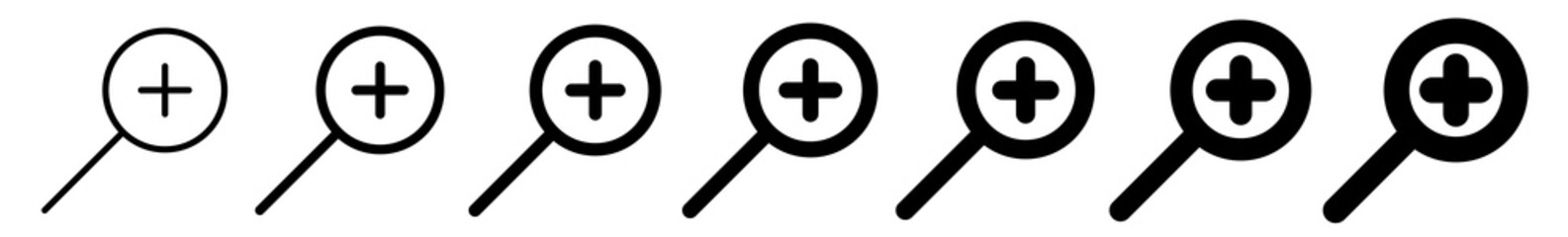 Obraz premium Magnifying Glass Plus Icon Black | Magnifier Illustration | Zoom Symbol | Loupe Logo | View Search Magnify Sign | Isolated | Variations