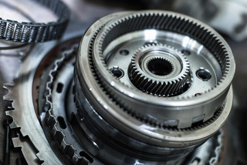 Details of a disassembled automatic transmission of a passenger car with a shallow depth of field