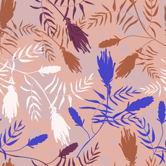 Botanical abstract seamless pattern. Modern creative vector texture. Wild plant color silhouettes on polka dots pink background. Hand drawing illustration for your design. Good for fashion print