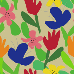 Trendy collage contemporary blossom floral seamless pattern. Modern hand drawn flowers and plants illustration in vector. Flat cartoon style