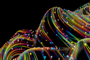 Neon glowing twisted cosmic lines on the glossy surface. Turbulence curls flow colorful motion. Fluid and smooth astronomy vortex swirl structure. 3d rendering Abstract creative modern background