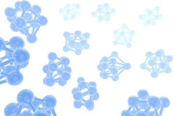 Blue molecules flying in the space solated on white background. Abstract medical or scientific 3d illustration