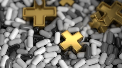 Heap of medicine tablets. Background made from pills or capsules in black and white colors with medical sign in shape of cross made by gold. 3d illustration Selective focus macro shot with shallow DOF