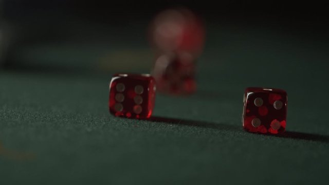 Red Dices rolling towards camera on green. Slow Motion