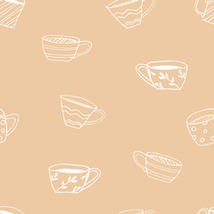 Hand drawn vector illustration. Seamless pattern with silhouettes of funny mugs. White lines on a peach background.  For poster decoration, advertising, banner.