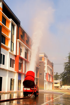 Closeup, hand, industrial technician, automatic control, switch panel, dust injection, reduce pollution PM2.5 while working outdoors in the city