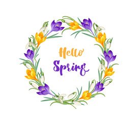 Krokusse und Schneeglöckchen Blumen Kranz, Frühlingsblumen Gruppe, Vektor Illustration isoliert auf weißem Hintergrund