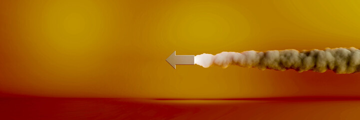 Wide banner of a rocket arrow with a lot of smoke, original 3d rendering
