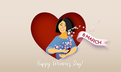 Card for 8 March Happy womens day Paper cut style