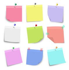 Multicolored, notes, transparent, background., Set, miscellaneous, bent, corners, realistic, shadows.