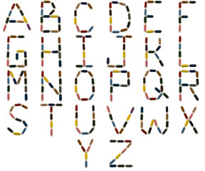 Isolated Font English or Latin whole alphabet A-Z made of colorful spools of thread for sewing on white background