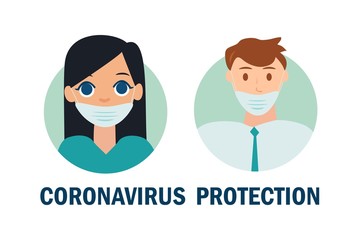 Coronavirus in China. Novel coronavirus (2019-nCoV), woman and man in white medical face mask. Concept of coronavirus quarantine. Vector