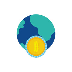 bitcoin money with world planet flat style