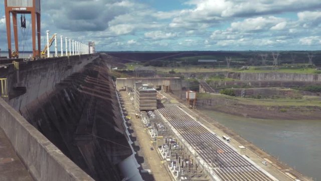 Top view of the itaipu dam, view of the reservoir wall, huge reservoir. 