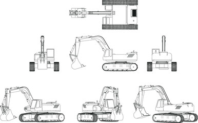 Power Shovel Line Vector. The Third Angle figure and Isometric Drawings.