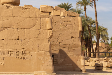 Luxor Governorate, Egypt, Karnak Temple, complex of Amun-Re. Embossed hieroglyphics on columns and...