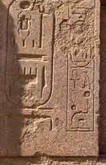 Karnak Temple, complex of Amun-Re. Embossed hieroglyphics on walls. Luxor Governorate, Egypt.