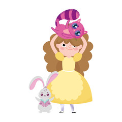 girl with cat in head and rabbit cartoon character wonderland