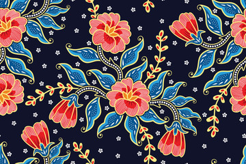 Seamless pattern with floral vector Illustration, Tropical batik motif - obrazy, fototapety, plakaty