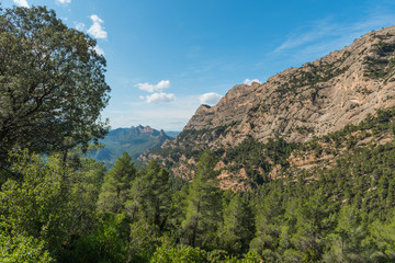Mountain landscape view in Sanctuary of La Fontcalda, Catalonia, Tarragona, Spain.