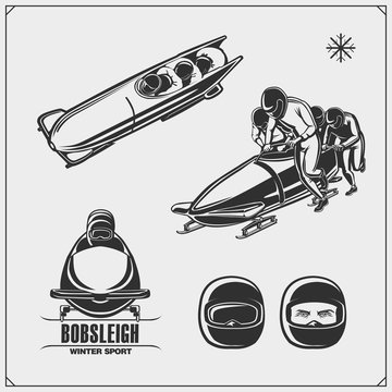 Set of bobsleigh emblems, labels and design elements. Winter sport set. 