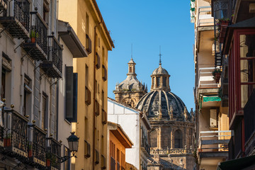 View of the building of the Basilica of Saints Justus and Pastor with street view, Granada, Andalusia, Spain.