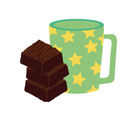 sweet brownie dessert with beverage cup