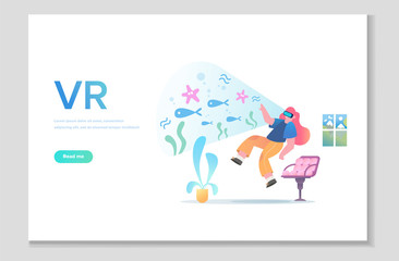 Augmented reality concept banner with character. Can use for web banner. People relax using VR technology. Vector illustration isolated
