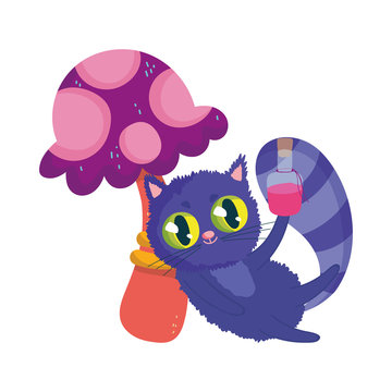 wonderland, cat with elixir bottle mushroom foliage cartoon