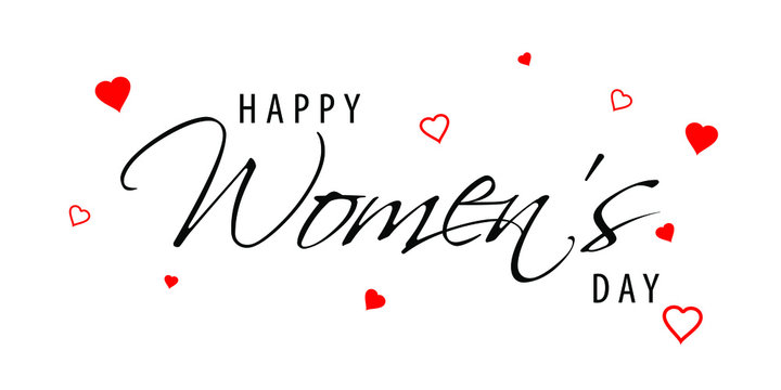 Happy Women's Day black text and red hearts. Isolated. Design elements for prints, web pages, invitation, gift and greetings card, banners and templates
