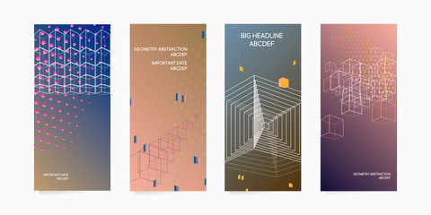 Naklejka premium Set cards lines cubes modern geometric abstract background covers. Trendy gradient composition, vector covers design