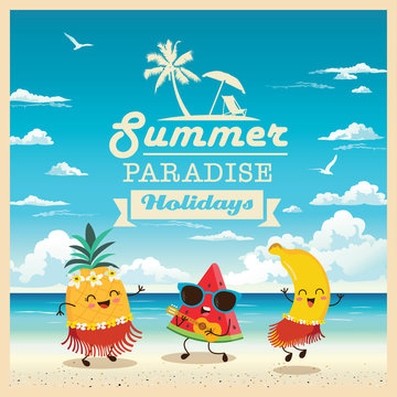 Summer beach vector background with cute banana, watermelon and pineapple character enjoying summer.