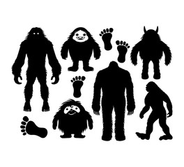 hairy bigfoot and cute yeti character silhouette vector graphic design set - obrazy, fototapety, plakaty