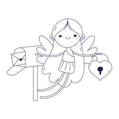 happy valentines day, cupid with heart padlock mailbox envelope cartoon line style